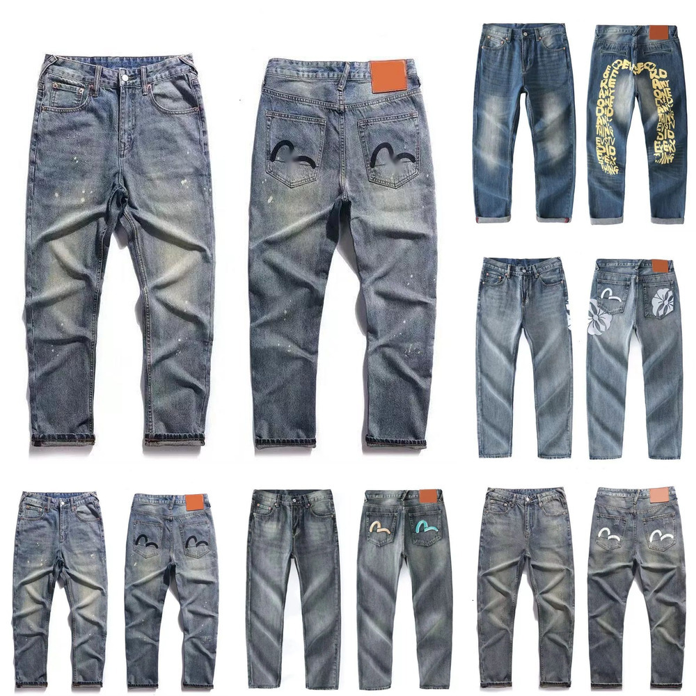 Mens jeans High-quality Japanese Evisoly Jeans Embroidery Large M Evi Jeans Y2k Retro Trousers Hipster graffiti Slim Fit Straight Leg Denim Pants Evi Jeans AA
