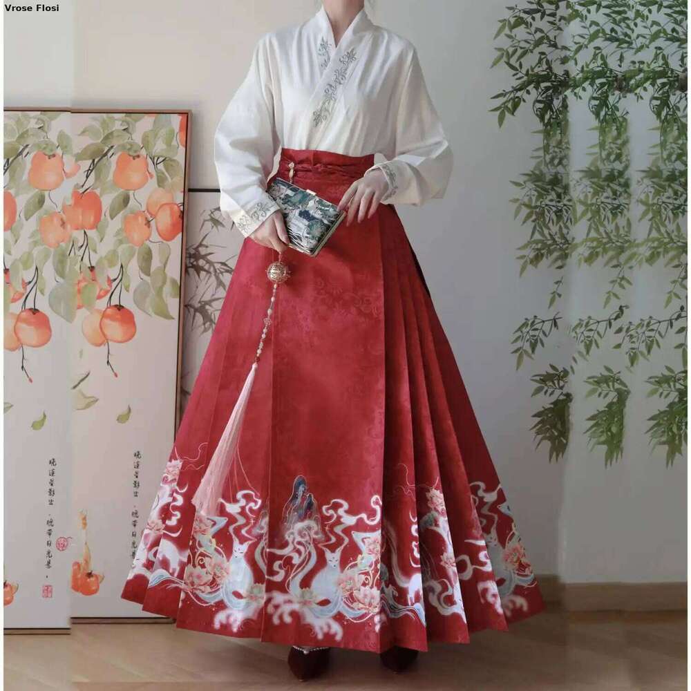 Vintage Women Traditional Cardigan + Blue Pleated Mamian Chinese Hot Hanfu Shirt Horse Face Skirt Set