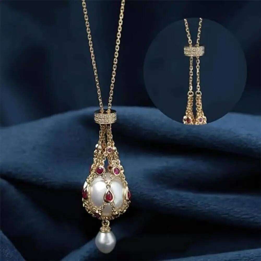 Women Exquisite Gemstone Lavalier Elegant Pendant Necklaces Natural Pearl Metal Braided Mesh Necklace