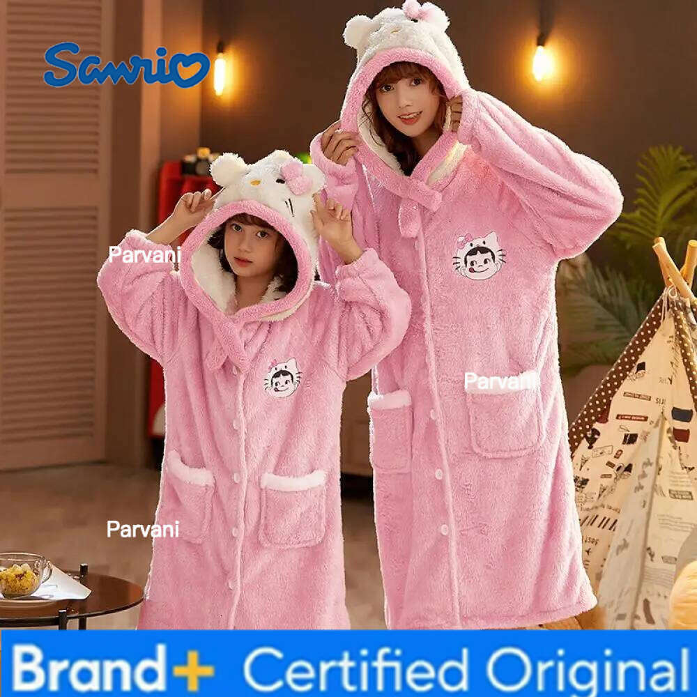 Sanrio s Kawaii Hello Kitty Pajamas Coral Velvet Children Girls Women Bathrobe Cartoon Anime Sleeping Robe Kids Hooded Loungewear H260130