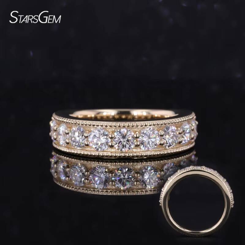 Fine Rings 14k Yellow Gold 35mm DEF VS VVS Round Lab Grown Diamond Curved Milgrain Band Eternity Ring
