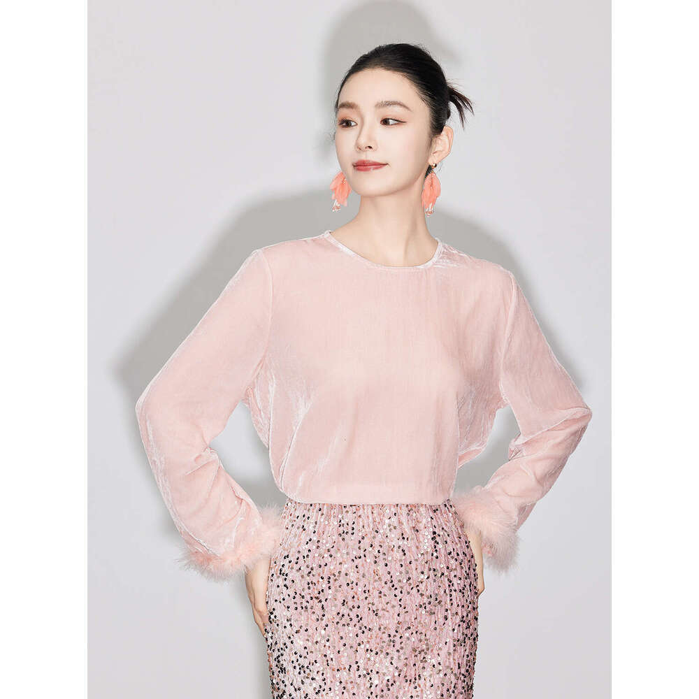 Zhihetang Black Velvet Women's Inner Wear Autumn Winter New Base Shirt Long Sleeve Feather T-Shirt 6561 LEEGO LENS