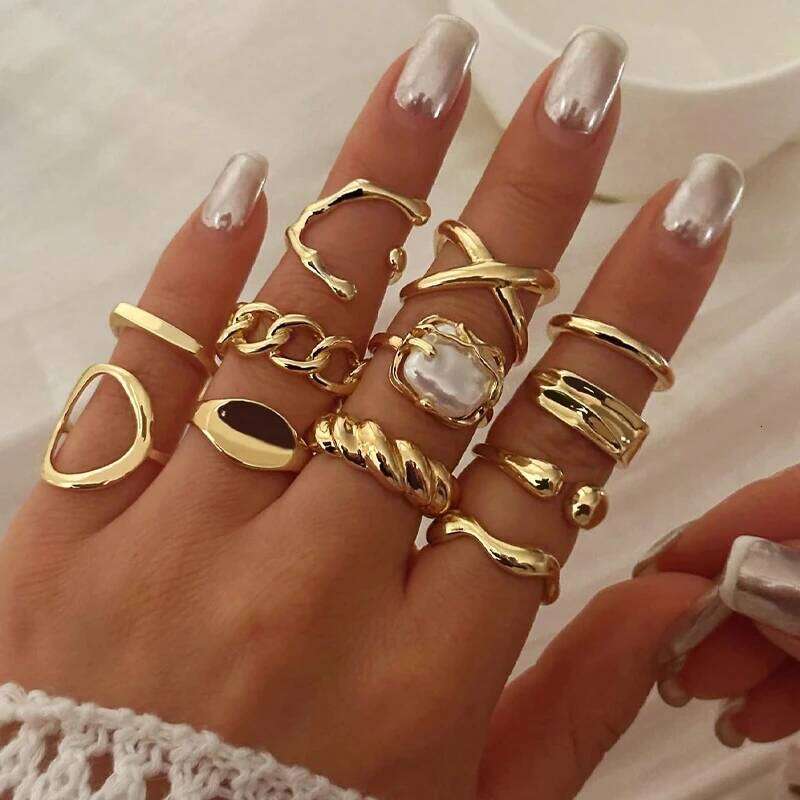 12 Pcs/Set Fashion Gold Color Irregular Geometric Open Rings For Women Men Punk Metal Adjustable Knuckle Joint Ring Jewelry Gift XJ260130