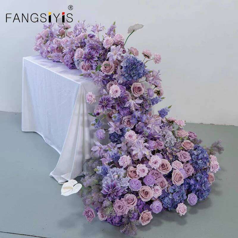 Purple Rose Delphinium Artificial Silk 5D Row Table Flower Runner Ornament Wedding Backdrop Arrangements Event Party Deco Y260130