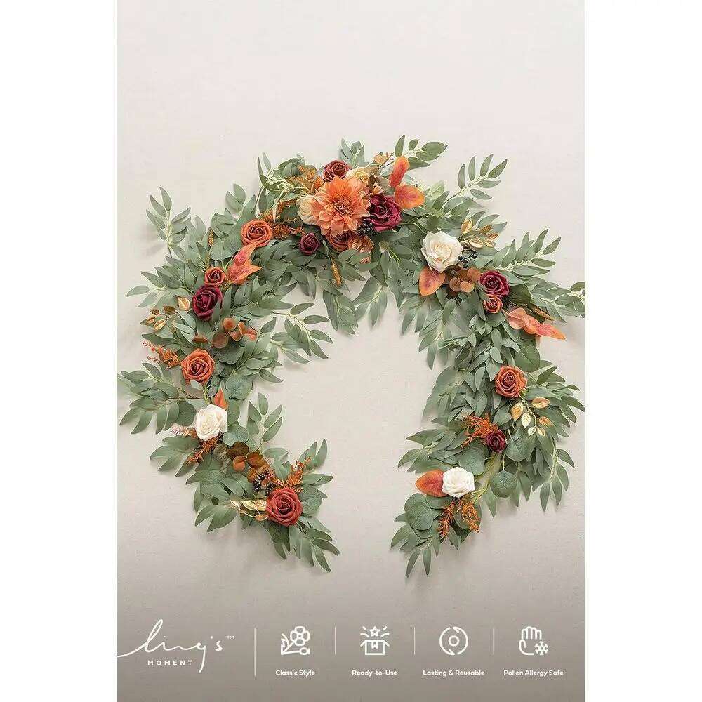 6FT Burnt Orange Eucalyptus & Rose Artificial Floral Garland for Wedding Sweetheart Table, Fall Mantle Decor, Christmas W260130