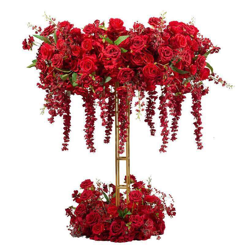 Luxury White Red Floral Arrangement Wreath Decor Wedding Table Centeriece Golden Stand Arch Flower String Runner Event Props Y260130