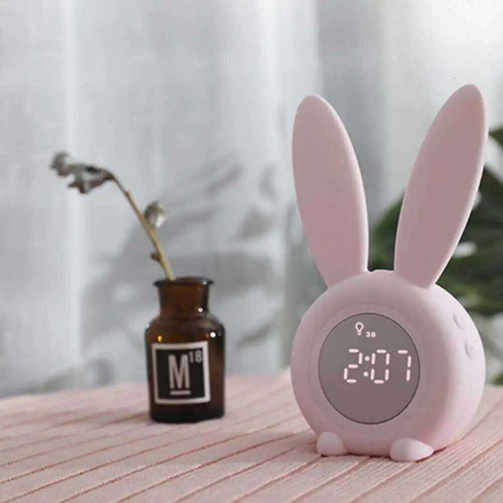 Rabbit Cartoon Alarm Pink Bedside Timer Luminous Design Night Light Students Table Clock Quiet Sleep Decor Gift W260130