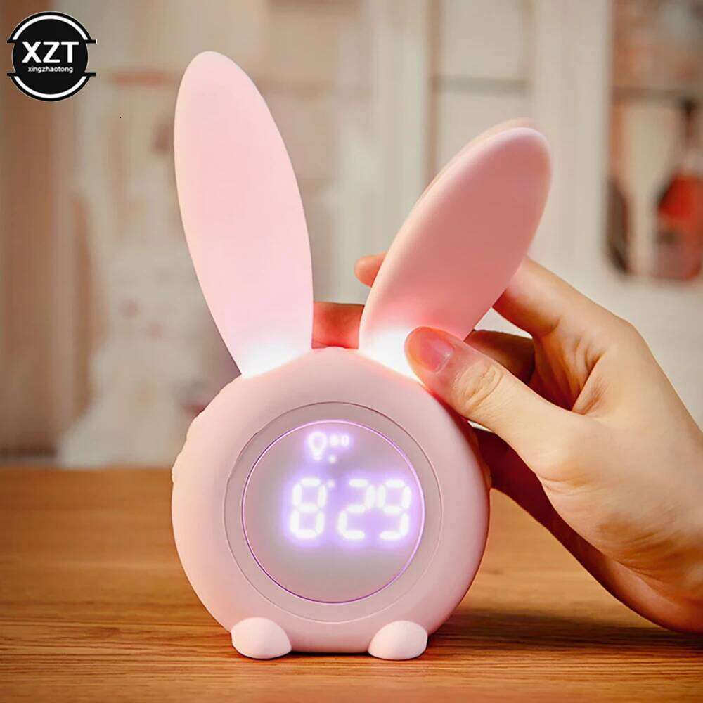 Mini Cartoon Digital Alarm Electronic LED Display Sound Control Cute Rabbit Night Lamp Desk Rechargeable Clock W260130