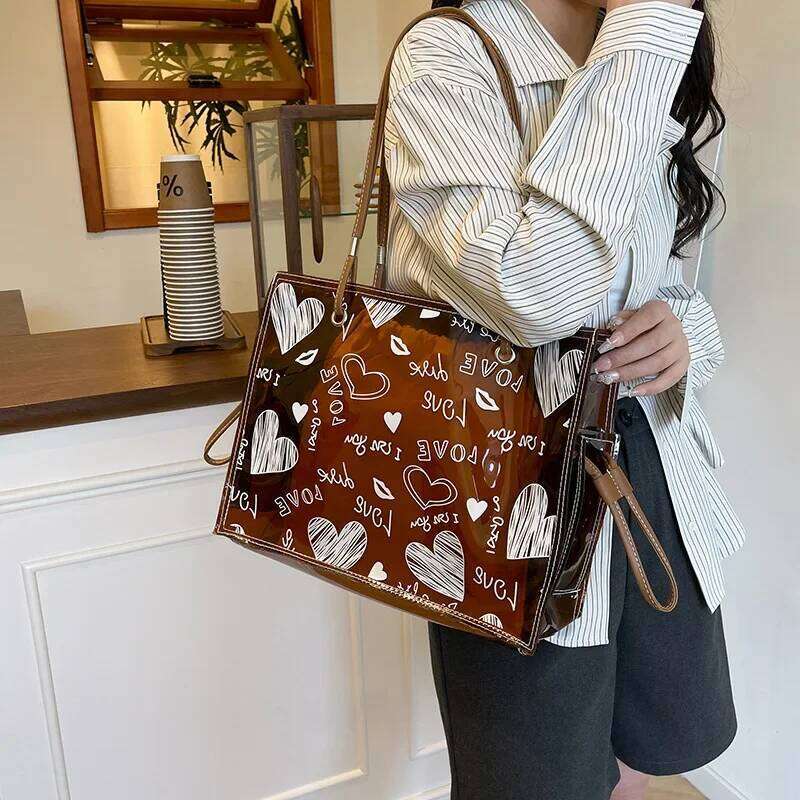 Transparent PVC Jelly Women, Fashionable Graffiti, Large Capacity, Shoulder Tote Bag, Stylish See-through Bag for Ladies Z260130