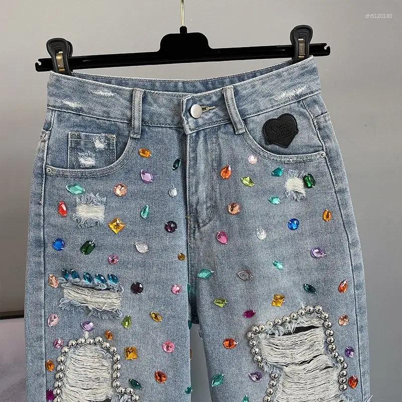 Women's Jeans Colorful Diamond-inlaid Ripped Denim Cropped Trousers Summer High-waist Loose Breeches For Women
