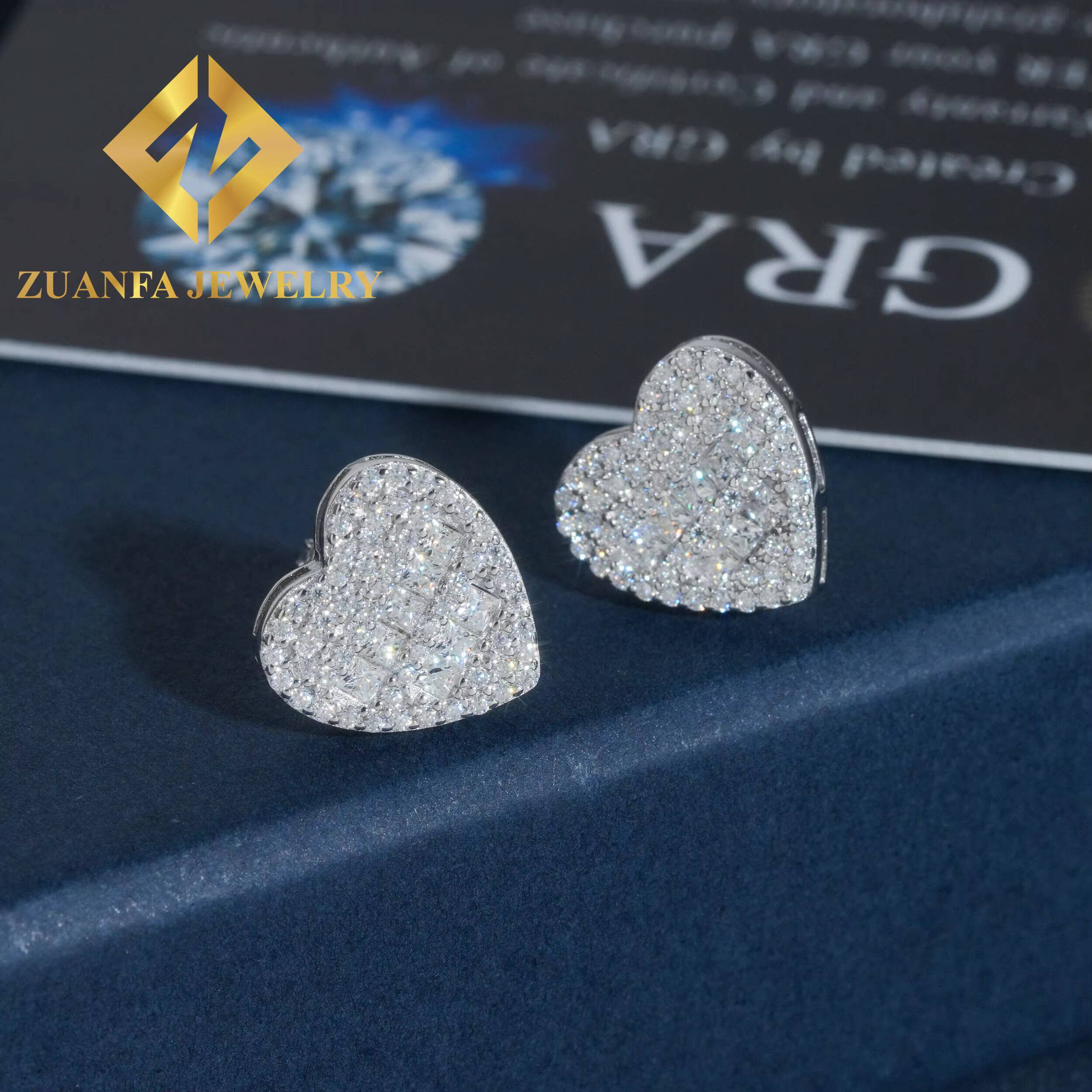 Wholesale Price Heart Shape Stud Earring Hip Hop 925 Sterling Silver baguette Moissanite Luxury Stud Earring