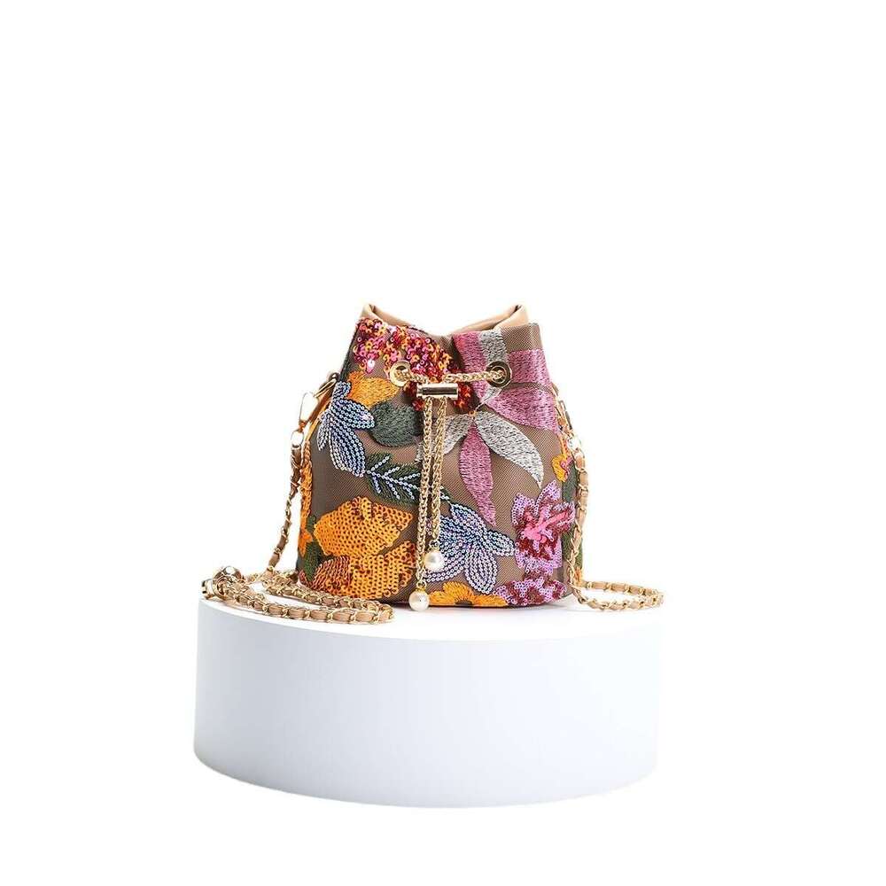 Women's New Chinese Style Flower Embroidery Sequin Mesh Patchwork Color-Block Trendy Elegant Ladies Drawstring Chain Bucket Handbag Shoulder Bag