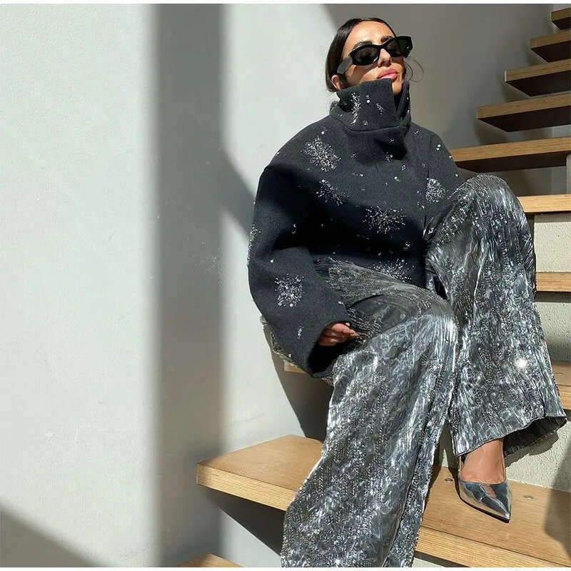 European and American Cross-Border Autumn Winter Women's Jacket, Unique Street Style Loose Single-Breasted Stand Collar Sequin Jacket