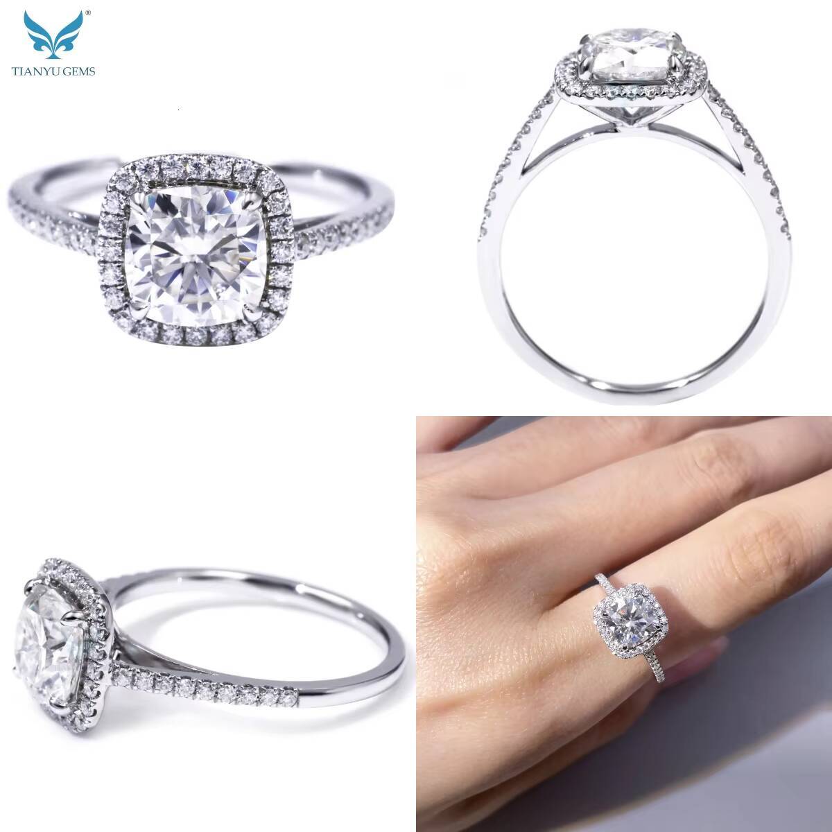 Tianyu Fine Jewelry Solitaire halo Engagement Women Moissanite Solid Gold Real 14k Cushion Moissanite Ring