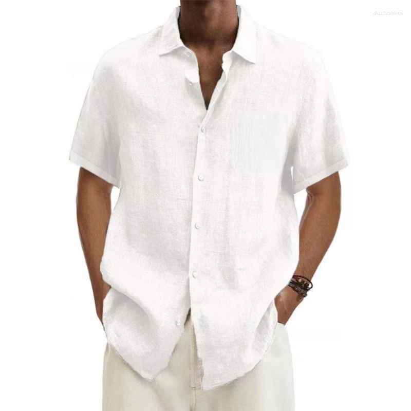 Men's Casual Shirts Men Cotton Linen Short-Sleeved Summer Solid Color Turn-down Collar Beach Style Plus Size Tops