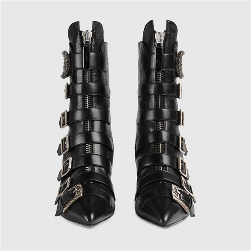 Brand Fashion Show Genuine Leather Women's Short Boots Belt Buckle Pointed High Heels Fashion European American Woman Shoe, kitten heel, zipper, 