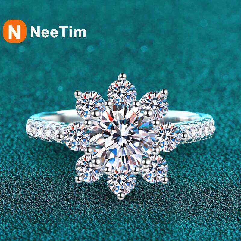 NeeTim 1ct 2ct Moissanite Eternity Ring 925 Sterling Silver with Gold Plated Wedding Flower Lab Diamond Rings For Women Jewelry XJ260130