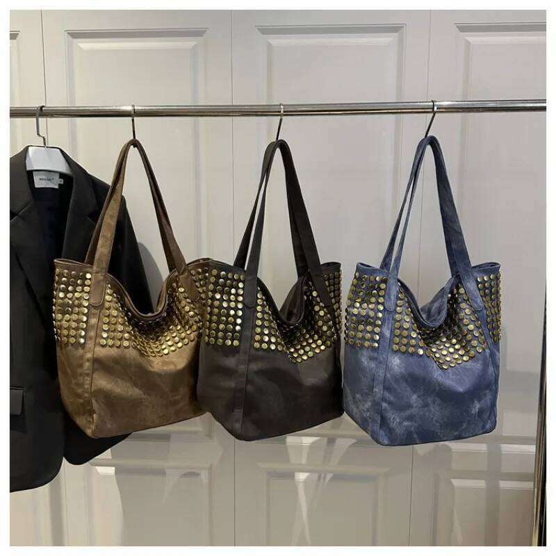 New Women's Shoulder Bag Rivet Soft Leather Tote for Female Pu Large Capacity Shopper Handbags Casual Armpit Bags Z260130