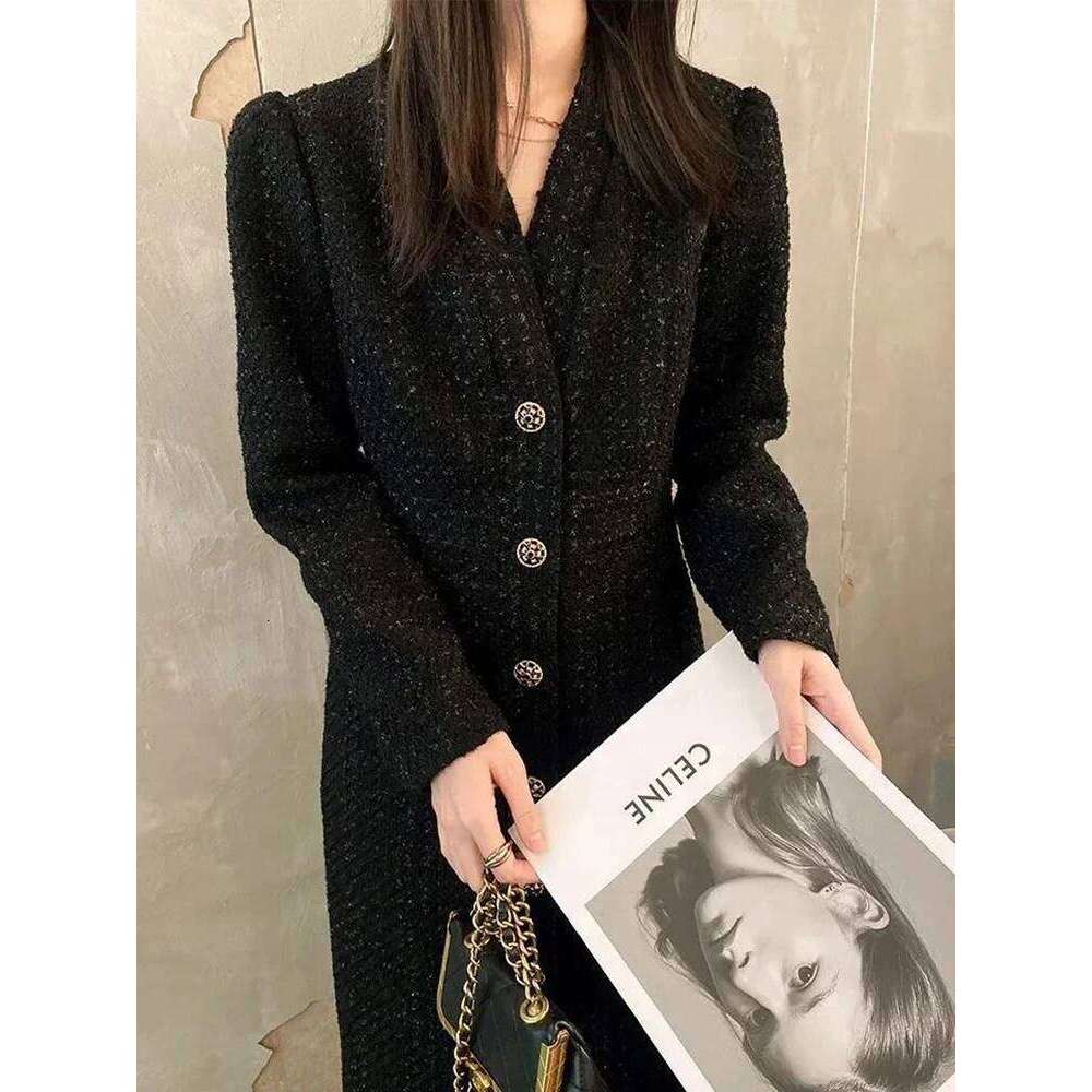 Black Elegant Button Midi Women Autumn Winter V Neck Office Lady Dresses Female Long Sleeve Chic Casual A Line Dress New XJ260130