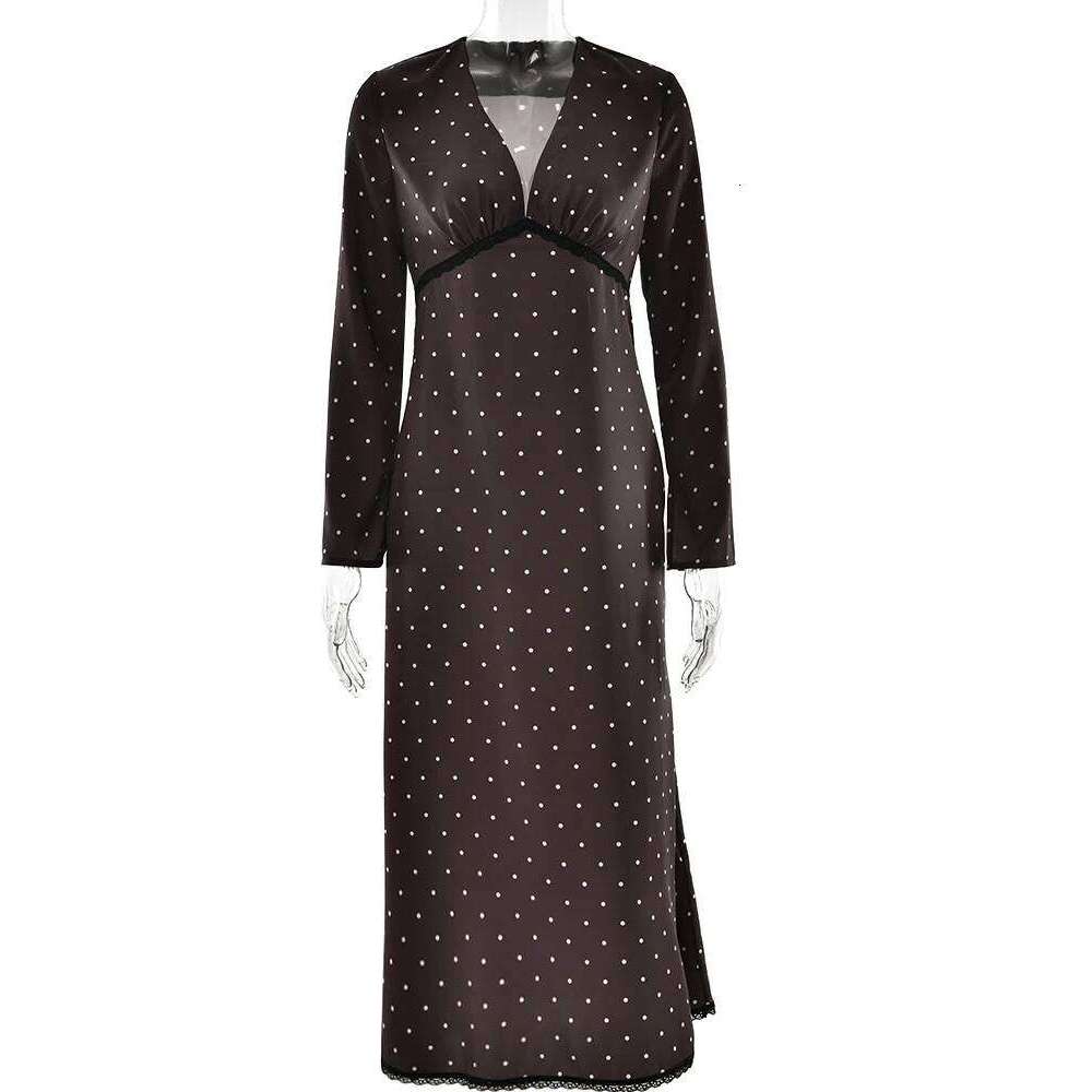 JULISSA MO Sexy V-neck Printed Polka Dot Women Maxi Coffee Long Sleeve Patchwork Lace Dress Autumn Slim Elegant Streetwear XJ260130