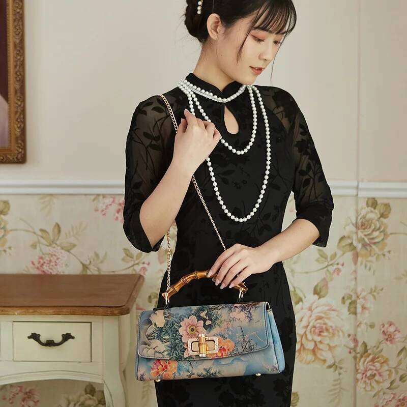 Johnature Cheongsam Leather Handbag New Vintage Print Women Bag Handmade Elegan Ladies Shoulder Crossbody Bags KABAHEBINGJUE