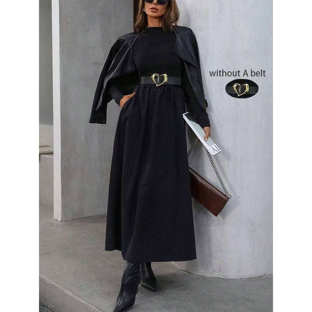Women's Black Mock Neck Long Sleeve Maxi Dress High Waisted Flowy Skirt Slim Fit Elegant Casual Daily Office Date Wear XJ260130