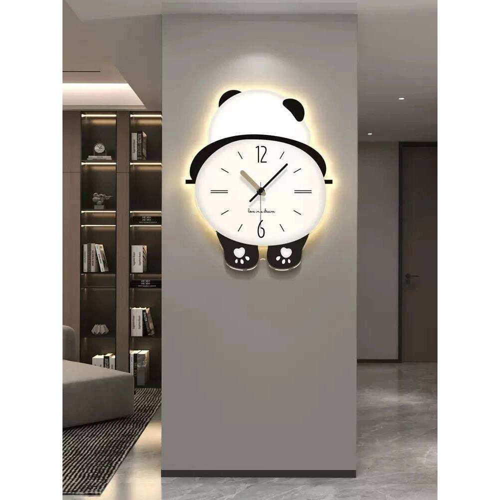 Panda Shape Living Room New High-End Hanging Creative Clock Wall Lamp Home Watch W260130