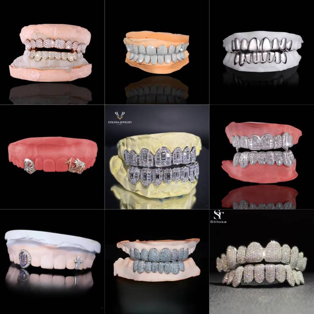 STILOSA Hip-Hop Grillz 8-Tooth Gold Plated 925 Silver Unisex Cool Micro Insert Engagement/Wedding Tooth Jewelry Dentures