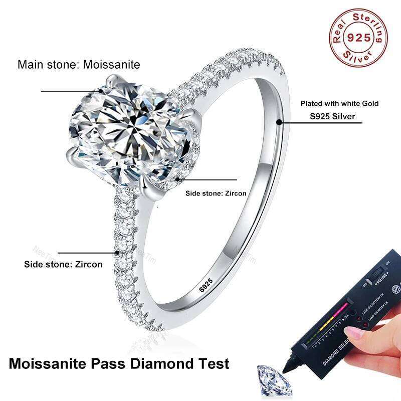 NeeTim 1ct 2ct 3ct Oval Cut Moissanite Rings for Women 925 Sterling Silver Lab Diamond Wedding Engagement Ring Gemstone Band XJ260130