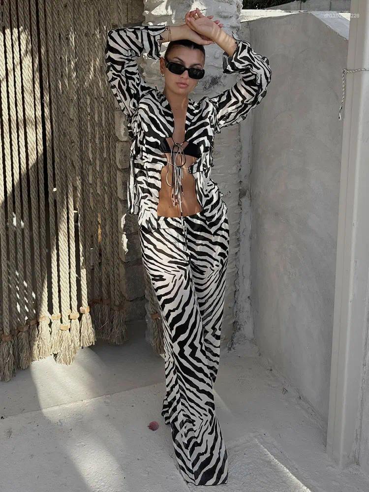 Fashion Zebra Striped Chiffon Long Sleeve Top Self-lacing Pantsuit Temperament Two Piece Set 2026 Beachwear Cover Up Suit A3145