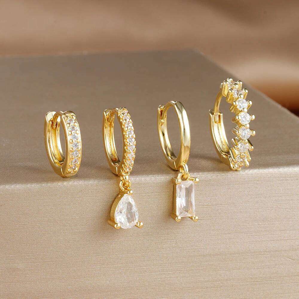4PCS Colorful Cubic Zirconia Stainless Steel Hoop Earrings Set for Women Pendant Water Drop Earring Cartilage Piercing Jewelry