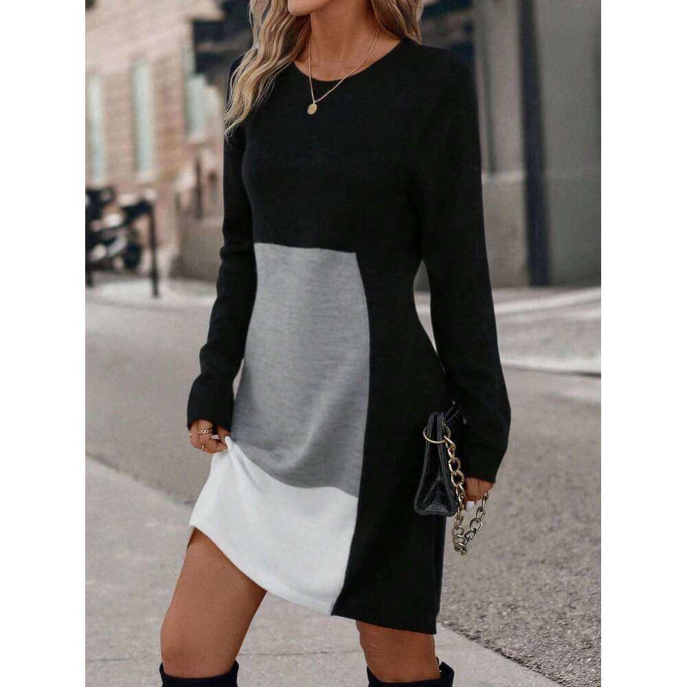 Colorblock Round Dress, Casual Long Sleeve Crew Neck Dress Fall & Winter, Women's Clothing for Daily Wear XJ260130