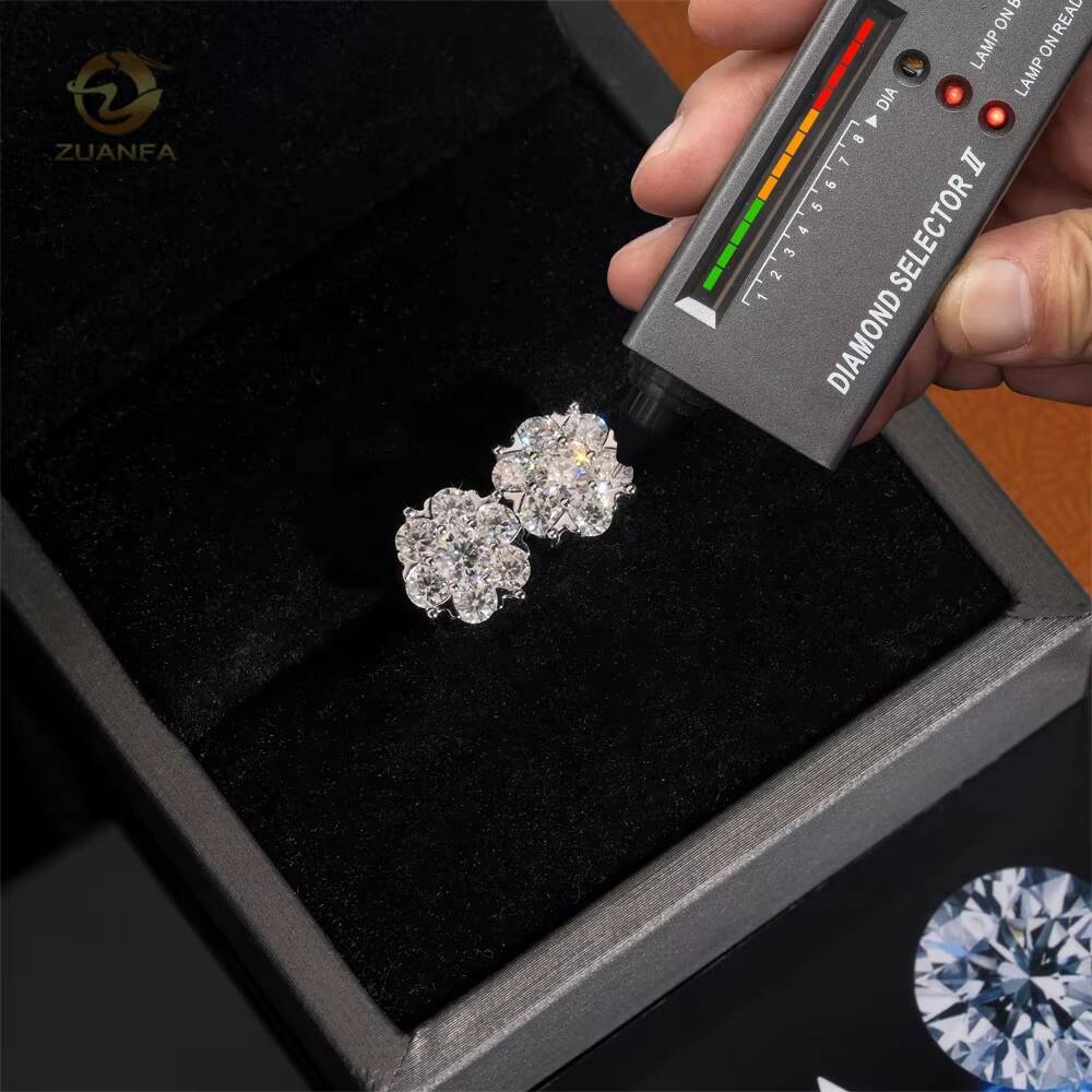 High Quality Shining Bling Flower Hip Hop 925 Silver Diamond Stud Moissanite Earrings
