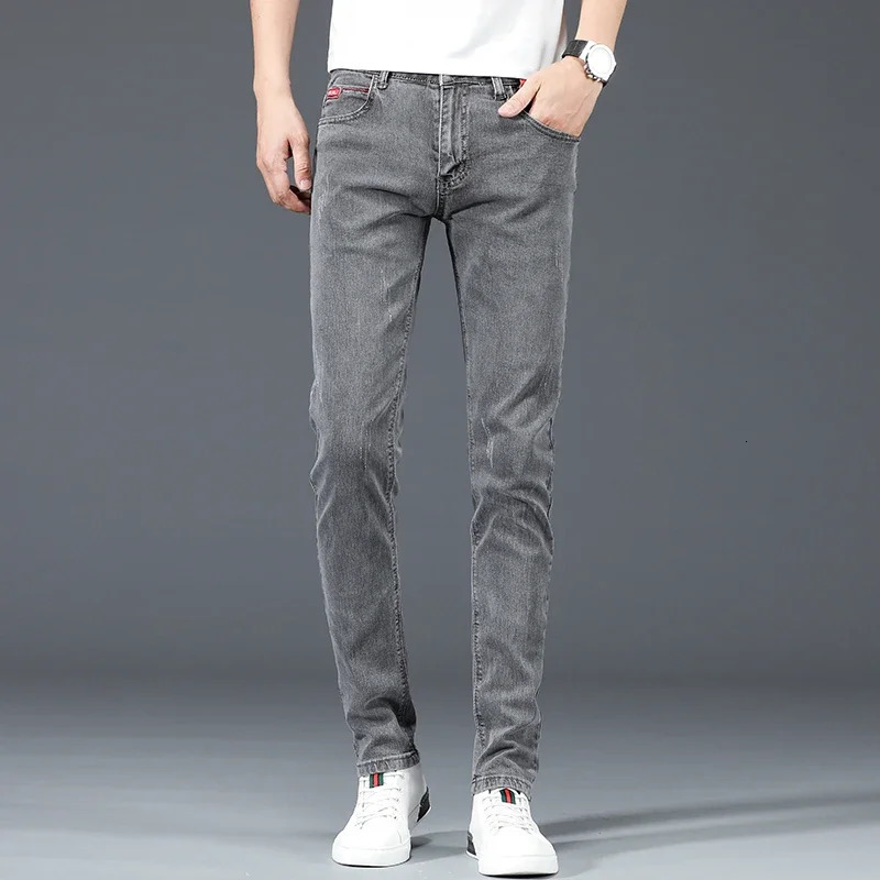 Mens Cotton Business Casual Skinny Jeans Trendy Fashionable Stretch Straight Slim Denim Trousers Male Blue Grey 260127