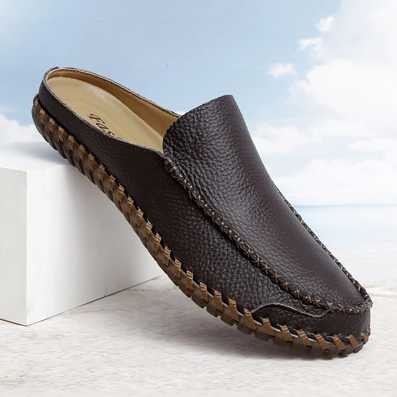 Men Slippers Genuine Leather Loafers Moccasins Outdoor Non-slip Black Casual Slides Summer Spring Fashion Shoes Plus Size 38 260124