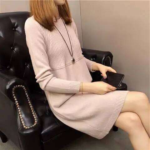 2023 Autumn and Winter Women's Pullover Half High Neck Sweater Solid Color Loose Mid Length Underlay Fashion Long Sleeve Dresses XJ260130