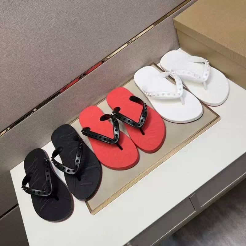 designer Slippers Summer Slippers Beach Flats flip flops black leather studded slippers slides sandals men women red black spikes donnas spiked rubber 35-46