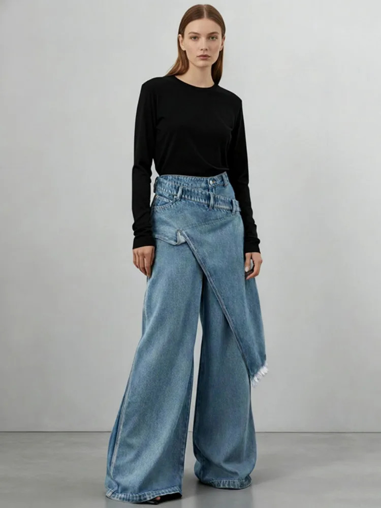 Missuoo 2026 Womens Light Blue Asymmetrical WideLeg Jeans Spring Summer Casual Daily Trendy Pants Streetwear Trousers 260126