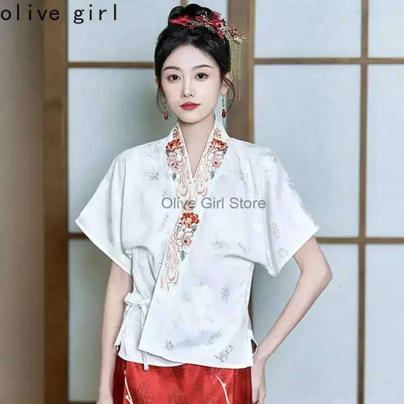 Large Size Chinese Traditional Women's Top Printing Shirt Summer Embroidery Blouse For Women Hanfu Oversized