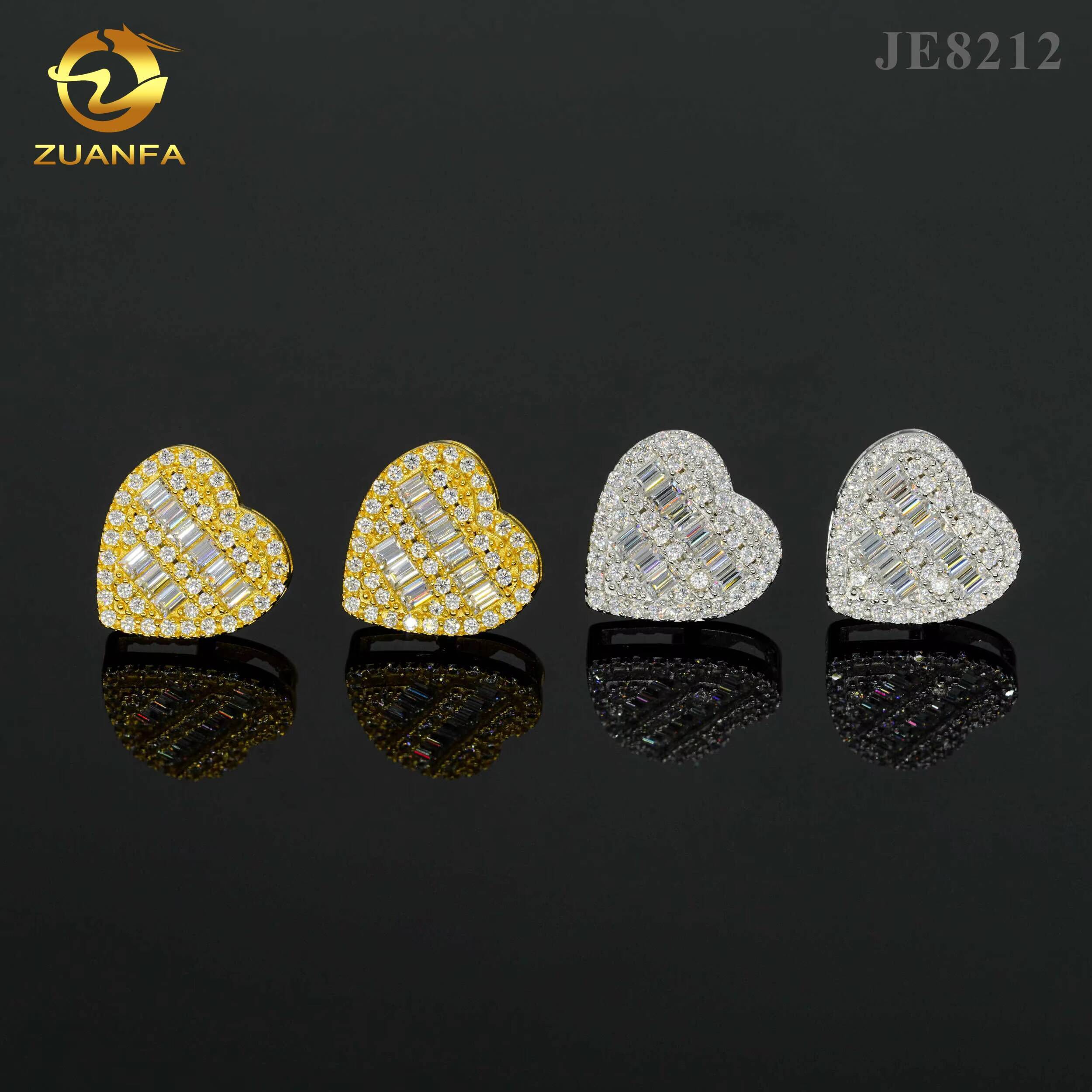 Fine jewelry 925 sterling silver heart design earring studs screw back women men vvs baguette diamond moissanite earring stud