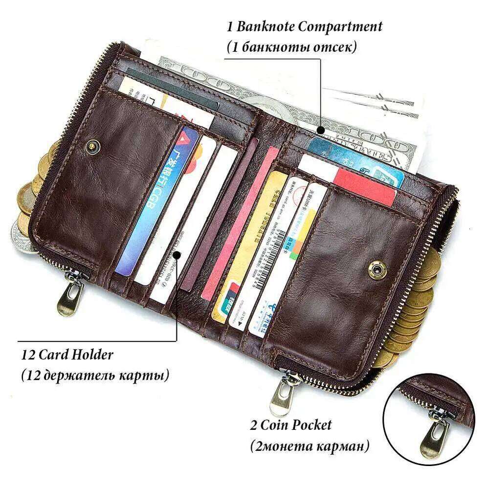 RFID Card Holder Wallet for Men Genuine Leather Small Money Bag Luxury Double Zipper Coin Pocket Quality Male Clutch Carteira Z260130