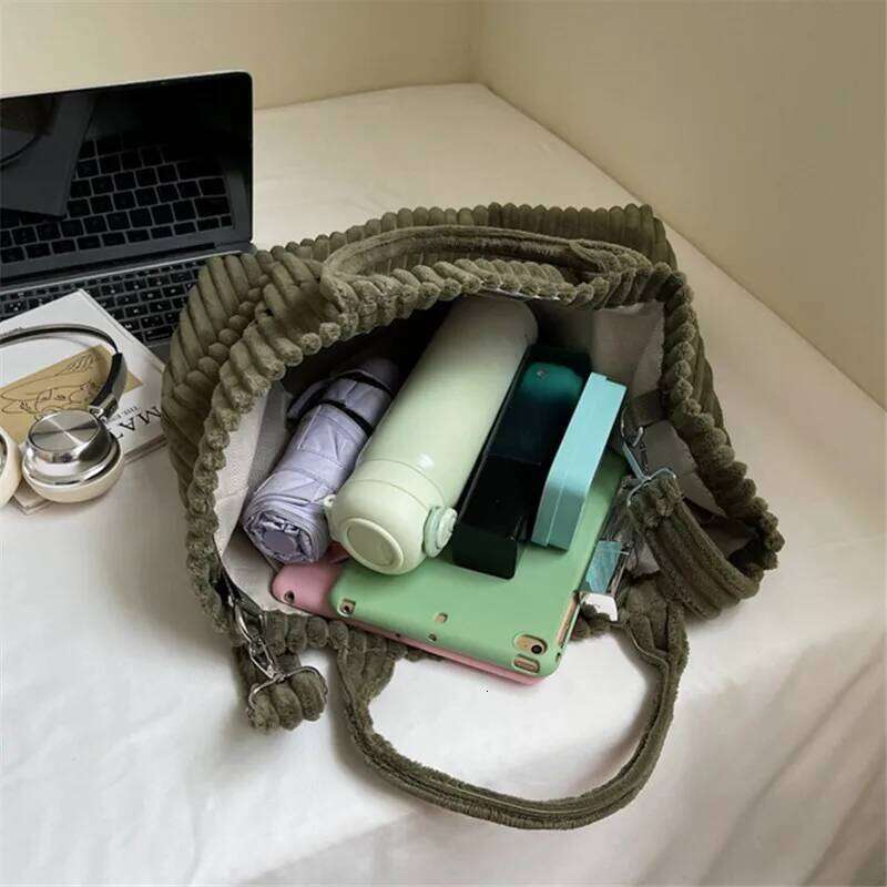 New Style Striped Velvet Handbag Women Shoulder Bag, Large Capacity Crossbody Bags, Versatile Letter Corduroy Women's Tote Bag Z260130