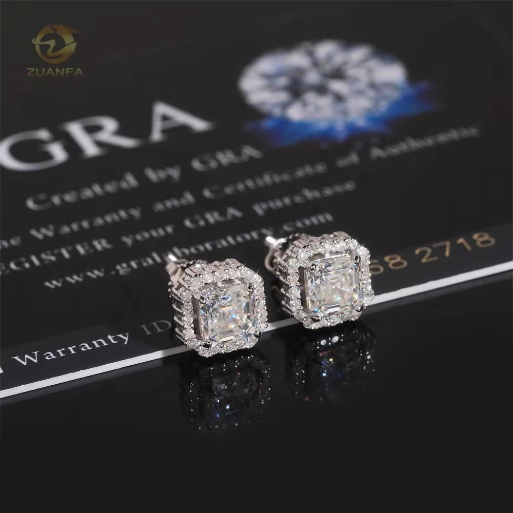 Wholesale Price Hip Hop Halo Asscher Cut Gemstones VVS Moissanite Silver Men Gold Plated Earrings