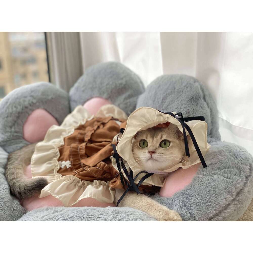 Retro Khaki Lolita Pet Clothes Autumn New Pure Cotton Handmade Simple Princess Dress For Small Medium Dog Puppy H260130