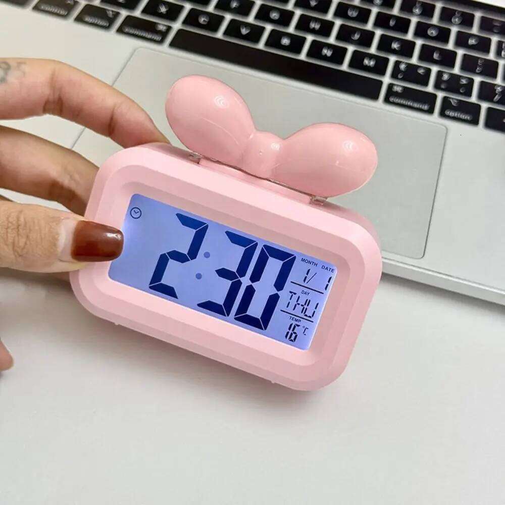 Cute Bowknot LED Digital Temperature Detection Mini Alarm with Night Light Gift Desktop Clock Bedside Decoration W260130