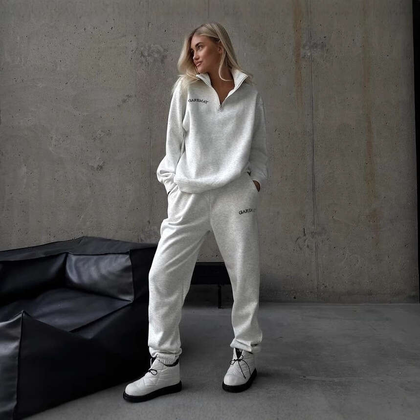 New European American Style Amazon Versatile Casual Fashion Thickened Embroidered Sleeve Sweatshirt and Long Pants Two-Piece Set