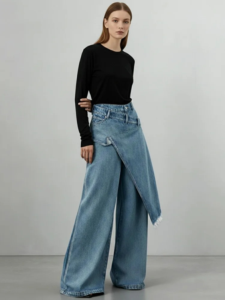 Missuoo 2026 Womens Light Blue Asymmetrical WideLeg Jeans Spring Summer Casual Daily Trendy Pants Streetwear Trousers 260126