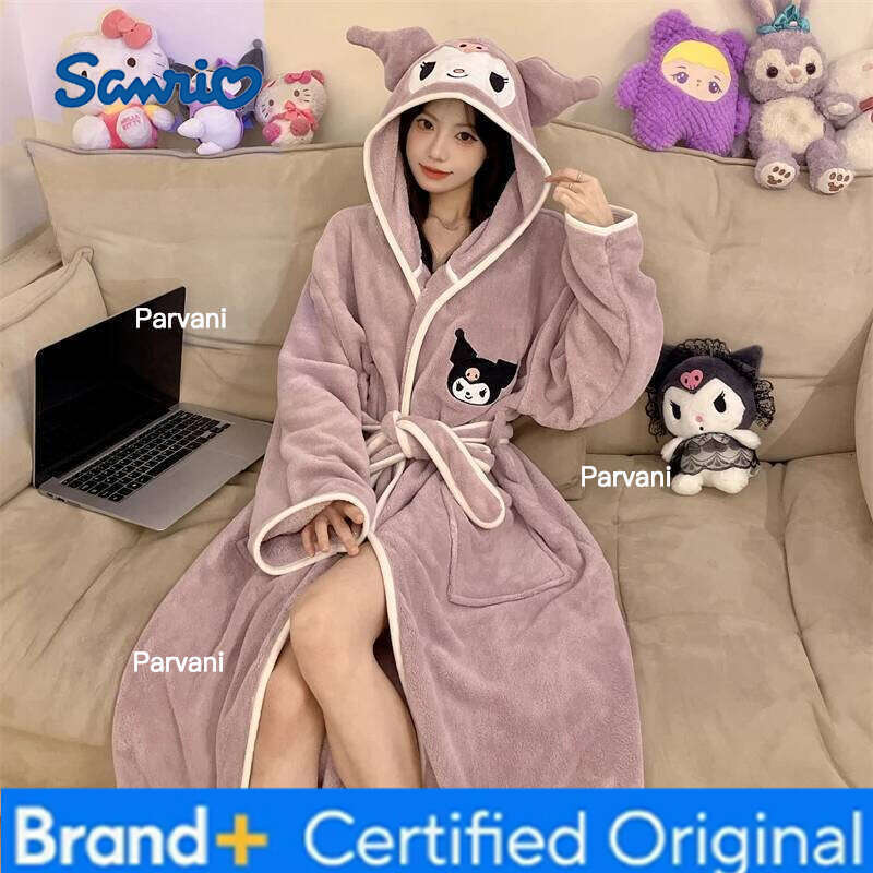 Sanrio Anime Cinnamoroll Kuromi Woman Thicke Pajamas Mid-Length Nightgown Flange Plush Bathrobe Absorbing Quick-Drying Homewear Yukata H260130
