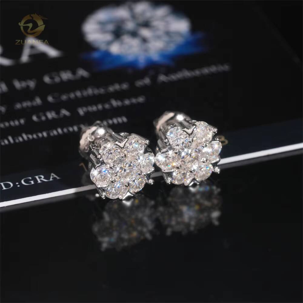 High Quality Shining Bling Flower Hip Hop 925 Silver Diamond Stud Moissanite Earrings