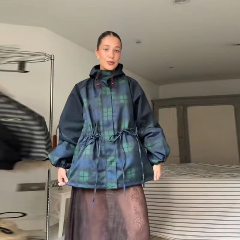 Retro Trendy Plaid Jacket Loose Casual Chic Coat Stand-collar Hoodie Autumn Outerwear Women's Street Wear